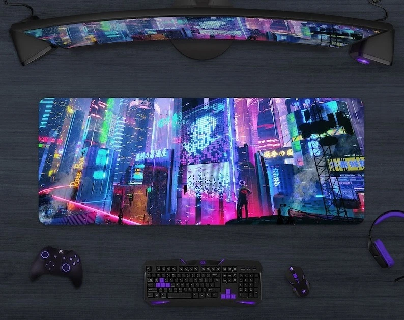 베이퍼웨이브 게이밍 데스크 매트 RGB LED 마우스패드 시티 네온 사인 일본 애니메이션 빅 XL 데스크매트 마우스 패드 대형 XXL 테이블 게이밍 PC