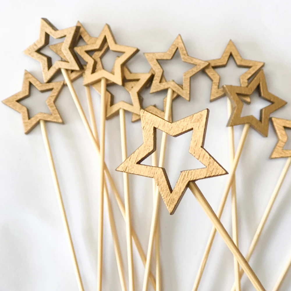 50Pcs Star Disposable Bamboo Skewers Gold Silver Buffet Fruit Food Picks Cocktail Sticks Christmas Decoration Birthday Wedding