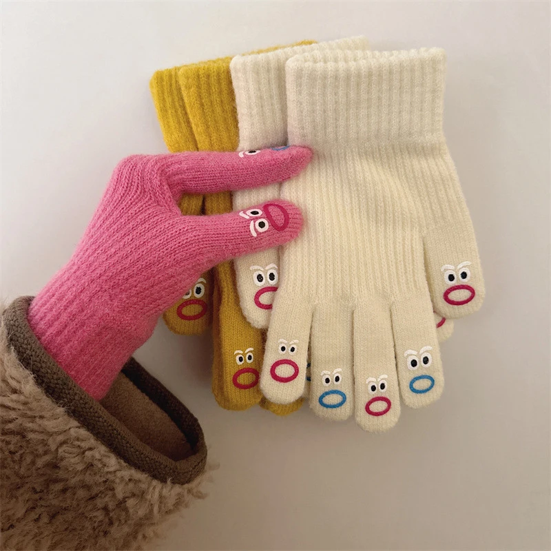 1 Pair Women\'s Funny Facial Expression Knitted Gloves Full Finger Gloves Soft Crochet Mittens Cartoon Expression Driving Glove