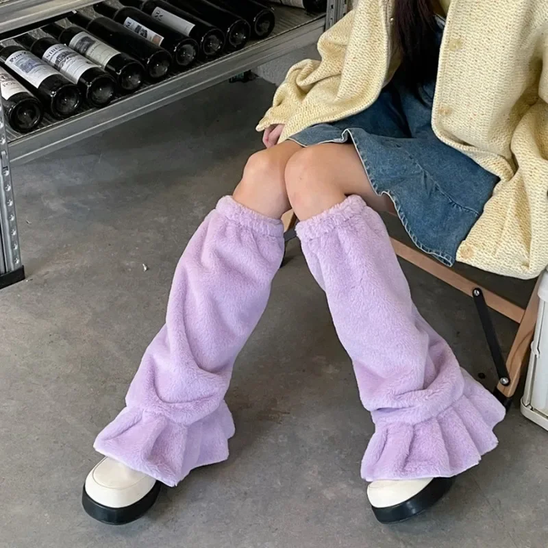 Calentadores de piernas peludos lisos Kawaii para mujer, calcetines japoneses Jk Harajuku, calcetines Y2k estéticos para estudiantes, pie largo de invierno 2024