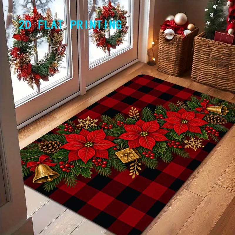 1pc 2D Flat Red‑Black Plaid Poinsettia Christmas Entry Rug, Festive Decor Mat for Home, Outdoor, Entryway and Bedroom ****