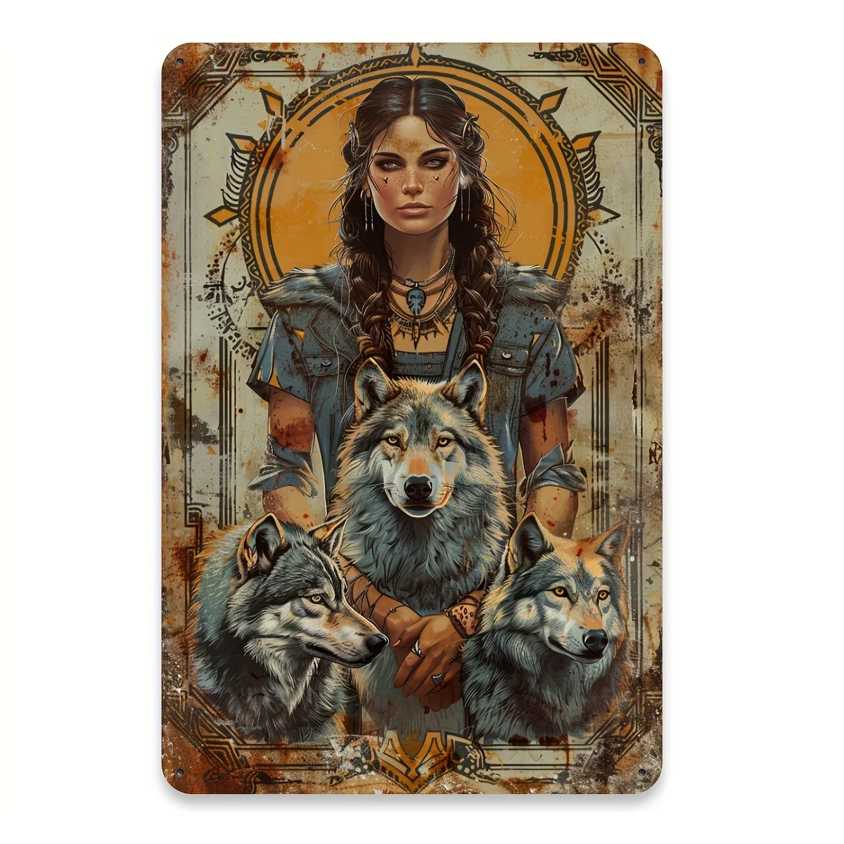 Fantasy Wolf and Woman Iron Metal Tin Sign, Rustic Wall Art for Home, Cafe, Gym, and Garden, Indoor and Outdoor Decorative Pla