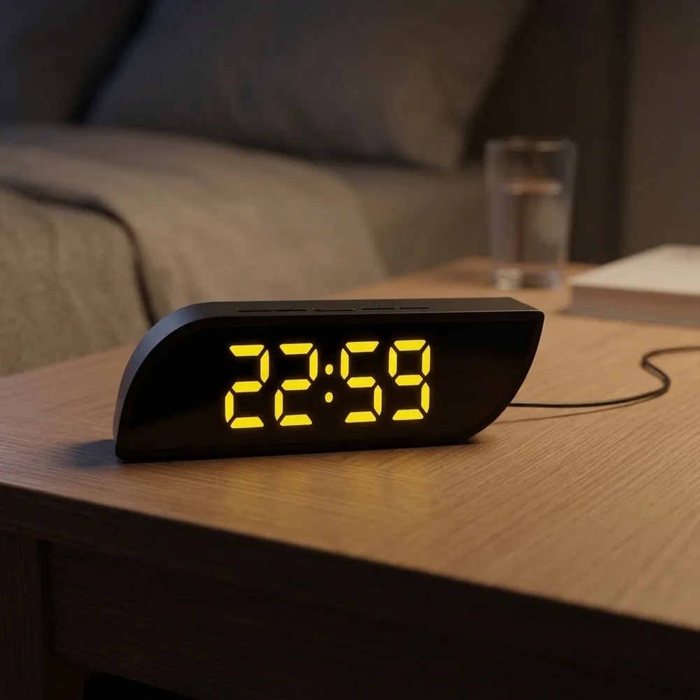 Alarm Clock with for LED Display and Reflective Mirror Shows Real-Time Clock and Ambient Temperature Brightness Control