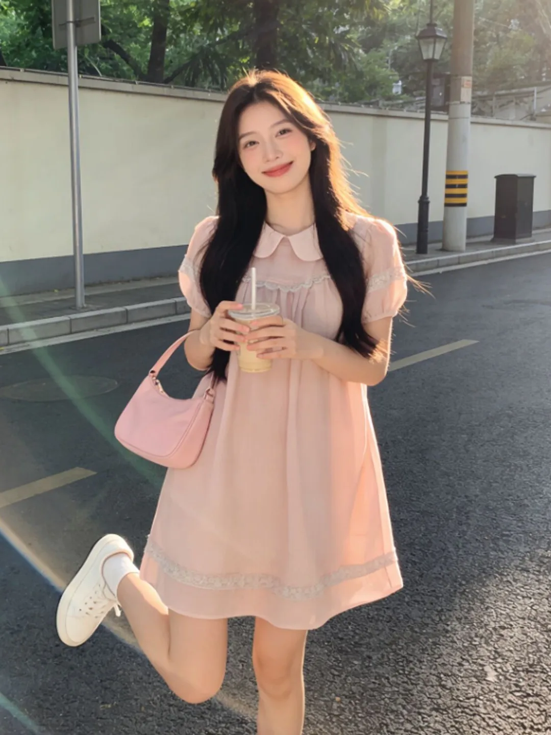 

Elegant Pink Doll Collar Short Sleeve Dress French Style mid High Waist Cotton Summer Skirt for Petite Women City Commute
