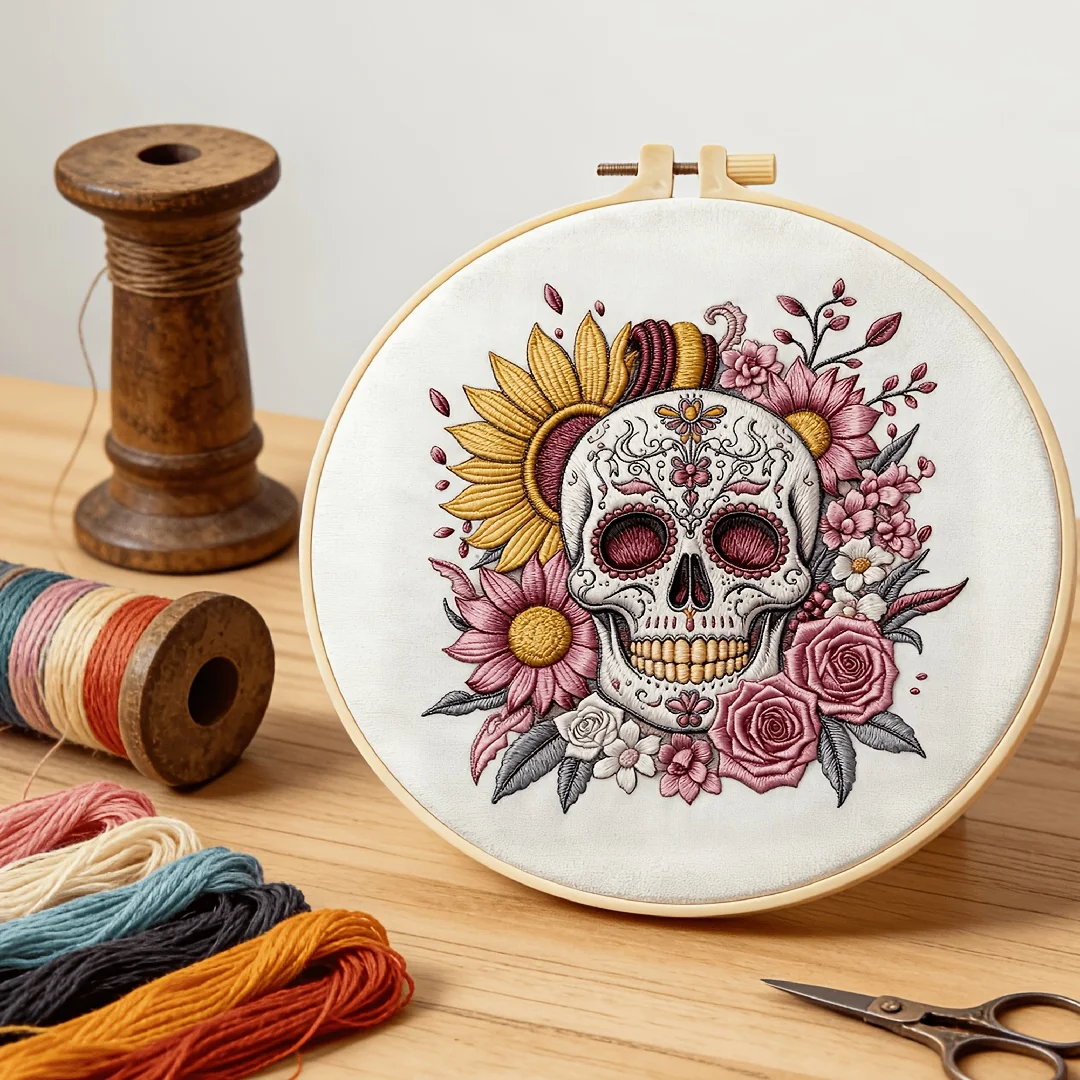 Day of the Dead Style DIY Embroidery Kit For Beginner Adults Pre‑Printed Pattern Bamboo Hoop Needle Thread Set Home Wall Decor