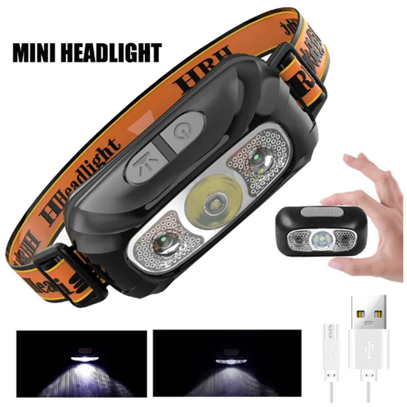 Mini COB LED Portable Headlamp USB Rechargeable Headlight with Built-in Battery Outdoor Camping Fishing emergency Search Lantern