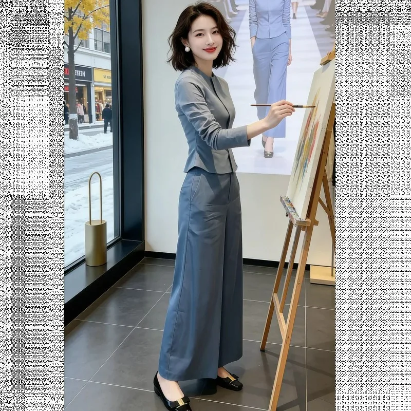 High-end Women's Dress Set Early Spring Featuring Stylish Waist-hugging Blue Shirt Wide-leg Pants Two-piece Set Very Fashionable