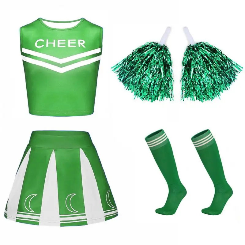 4-12 Years Children Girls Cheerleading Outfits Kids Cheerleader Costume with Socks Cheerleading PomPoms School Stage Performance