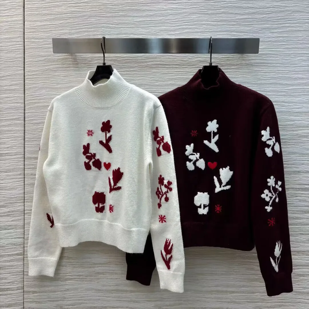 New Autumn Fashion Floral Jacquard Knitting Pullover Women Half Turtleneck Long Sleeve Wool Blends Casual Sweater Sweet Jumper