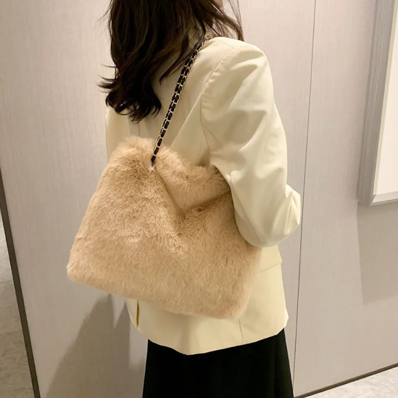 

Женская осенне-зимняя плюшевая сумка, универсальная однотонная сумка через плечо с цепочкой, женские сумки-мессенджеры с цепочкой нового дизайна