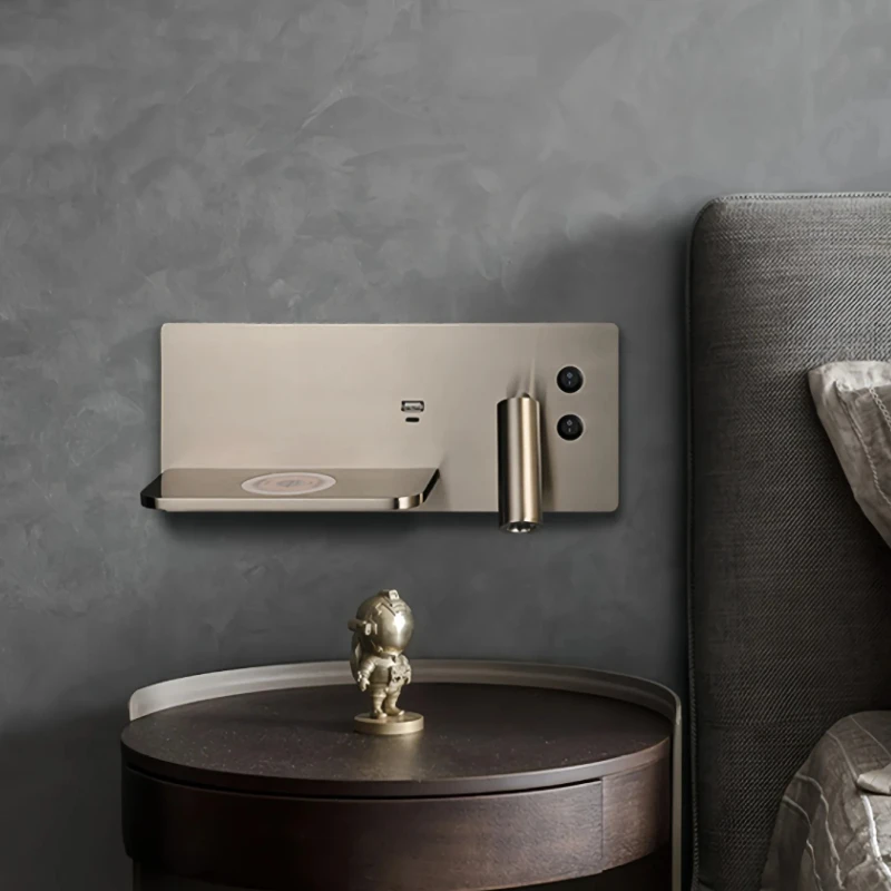 Multifunction Wall Lamp With Led Phone Wireless Charger Shelf Night Lighting Table Bed Reading Bedroom Hotel Bedside USB Sconces