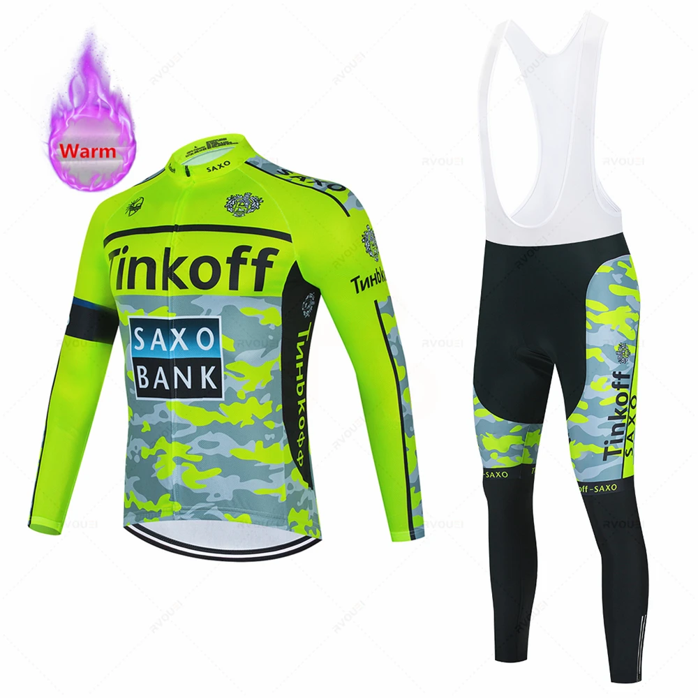 Tinkoff-Cycling Jersey Set, Road Racing Bike Suit, Thermal Fleece Tops, Winter Clothing, Cycling Clothing, New Saxo Bank