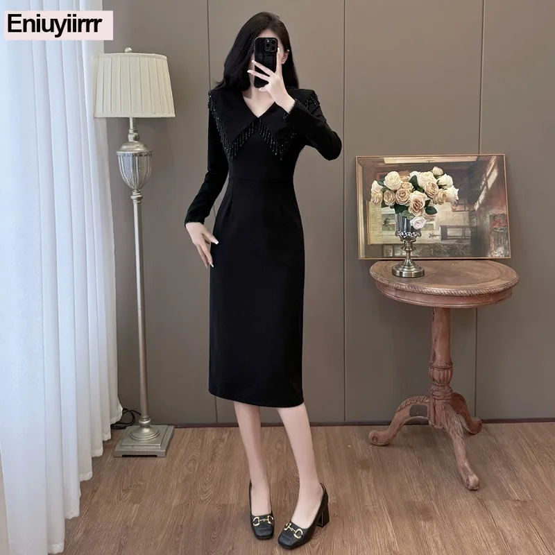 بلينغ مطرز فساتين أنيقة امرأة ضئيلة شيك كوريا أزياء السنة الجديدة مساء ليلة حزب فستان طويل قميص أسود