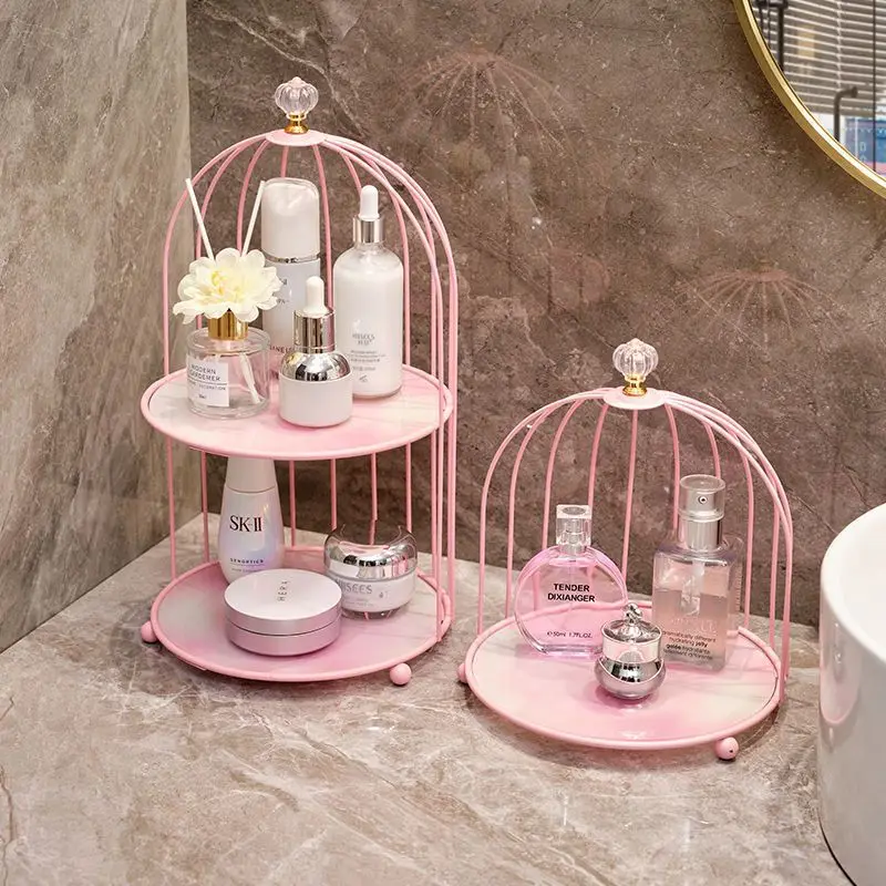 pinkIron Art Nordic Style Bird Cage Rack Lipstick Perfume Cosmetic Skin Care Product Storage Rack Finishing Table Rack