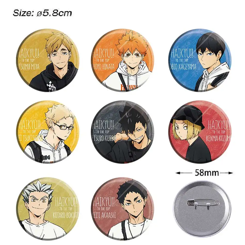 

58mm Haikyuu Round Metal Badge Anime Pin Stable Needle Clear Image For Clothing Matching Backpack Decoration Collection And Gift