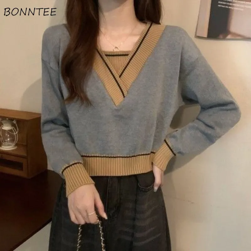 

Panelled V-neck Underlay Pullovers Women Knitting Leisure Loose Young Ladies Spliced Korean Style Fashion Design Autumn Cloth