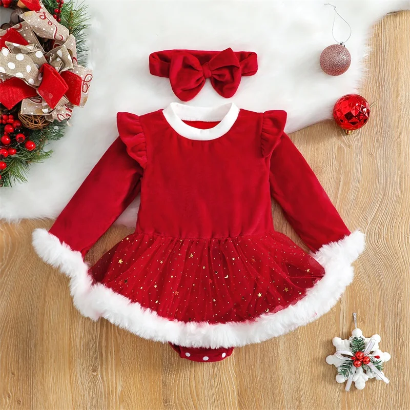 Newborn Baby Girl Christmas Clothes Infant Red Plaid Romper Dress Ruffle Long Sleeve Ribbed Bodysuit Headband Set