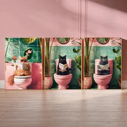Funny Cat Using Toilet Wall Art Cat Reading Newspaper Canvas Posters Print Picture For Home Batnroom Living Room Decor Frameless