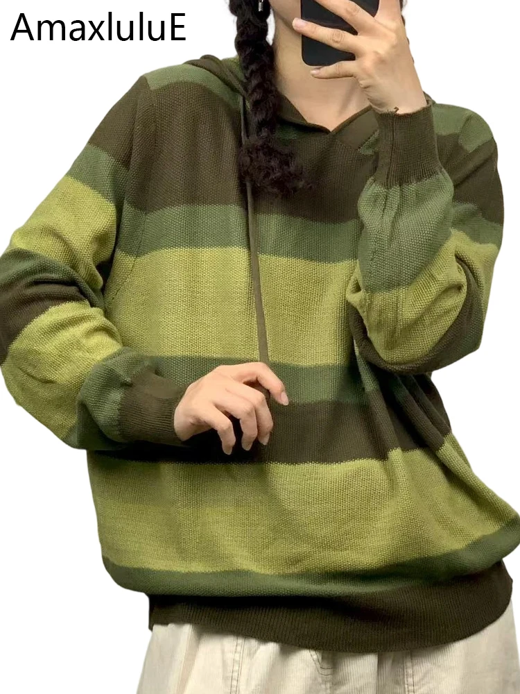 

Amax LuluE 2025 Autumn Vintage Jumpers Womens Fashion Classic Striped Hooded Sweaters Ladies Elegant Casual Warm Cotton Pullover