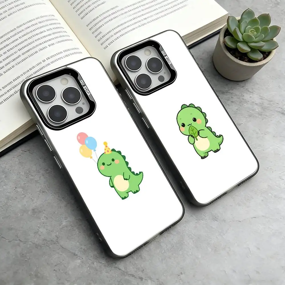 

Minimal Healing Cartoon T-Rex Phone Case For iPhone 17,16,15,14,13,12,11 Plus,Pro Max,XS,Colored Silver Plated Inside Cover