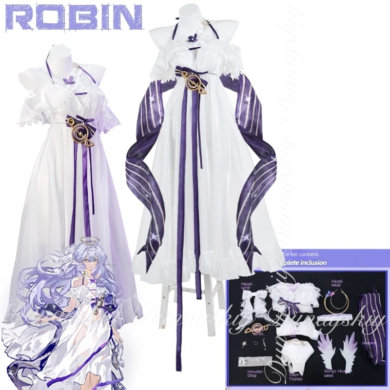 هونكاي: لعبة ستار ريل روبن كوسبلاي مغني هالوفيان مع شعر مستعار طويل فضي وأزرق مع ملابس السباحة البيضاء أزياء تنكرية جميع المجموعة