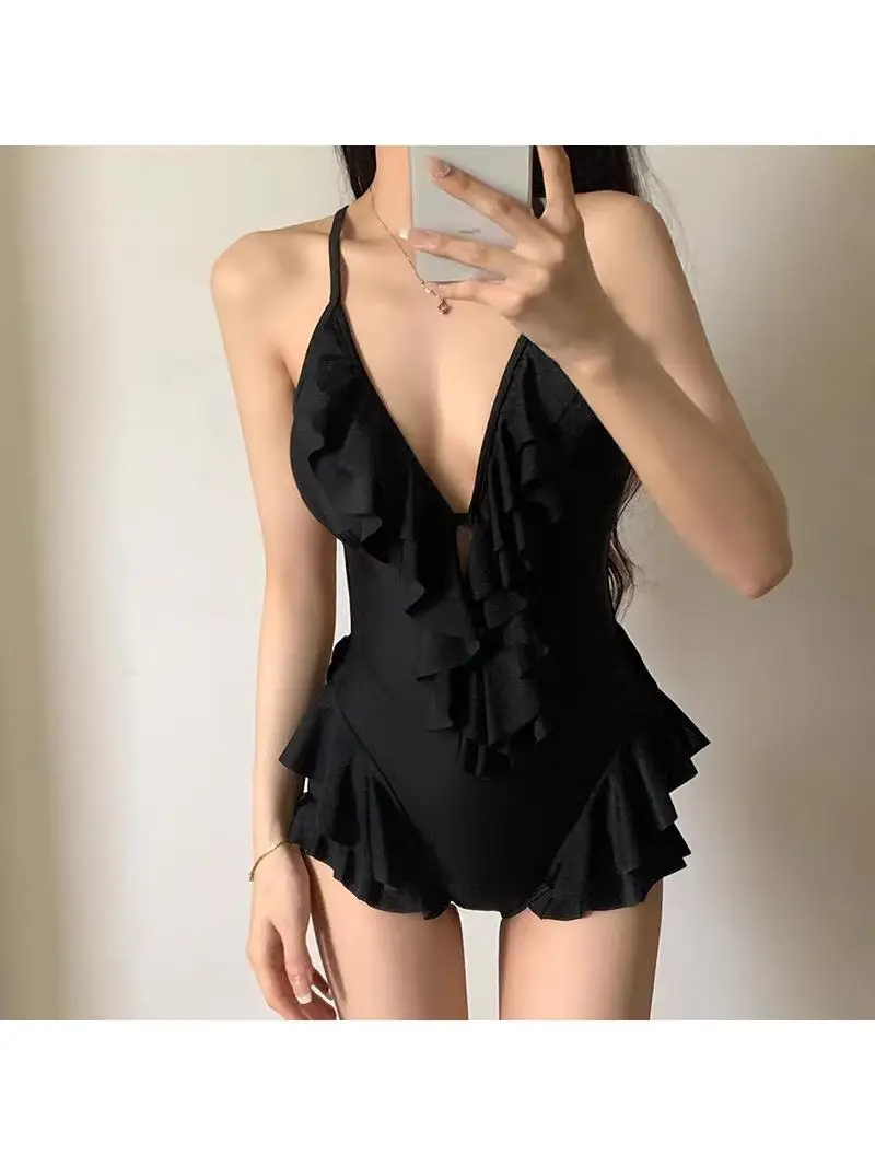 Sexy Black Deep V Bikini  Swimsuit with Chest Pad Sleeveless Casual Hot Spring Swimming Costume Polyester Material
