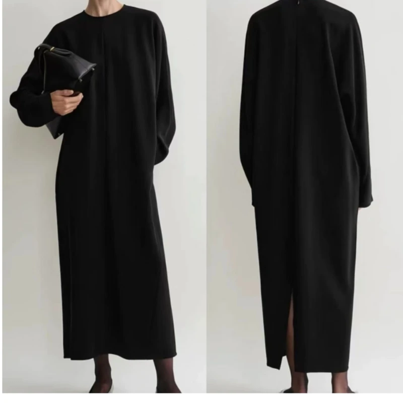 

Nordic TT Women's 24 Year New Simple Casual Round Neck Bat Sleeve Loose Black Long Dress