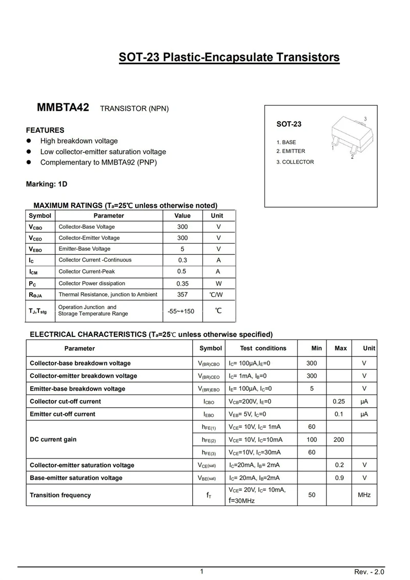トライオードトライオード、mmbta42、1d、mmbta92、2d、mmbta44、3D、mmbt94、4d、smd、sot-23、npn、pnp、50個