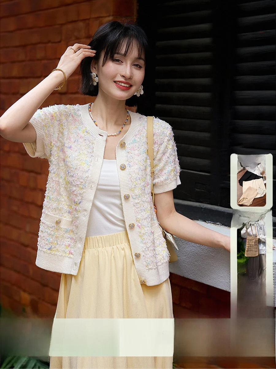 

Радужный пушистый вязаный кардиган с коротким рукавом, женский стиль, круглый вырез, приталенный, весна-лето, яркая верхняя одежда