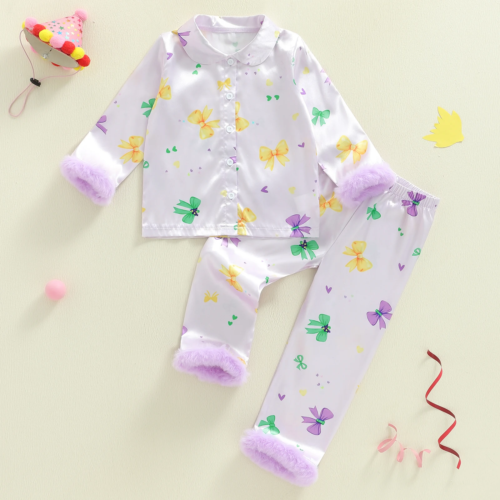 أطقم بيجامات MardiGras للفتيات الصغيرات قطع علوية لطيفة مطبوعة بفيونكة وأكمام طويلة مع بنطال مكون من قطعتين ملابس نوم