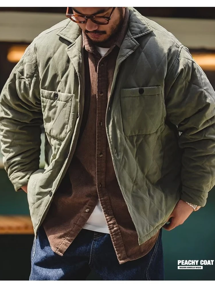 

Мужская хлопковая куртка в стиле ретро в японском стиле, свободная посадка с кубинским воротником и ромбовидным узором, рабочая одежда, теплое зимнее пальто, молодежное модное