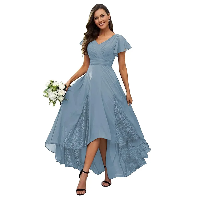 Vestidos para madre de la novia con cuello en V, apliques de encaje con volantes, vestido de fiesta de noche Formal para dama de honor, vestido de invitados de boda de manga corta