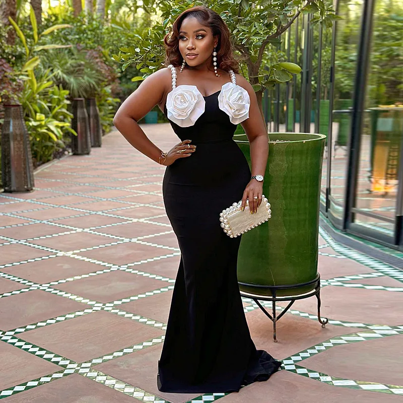 Elegant Party Evening Dress for Women's 3D Floral Slim Wedding Guest Cocktail Sexy Camis Pearl Strap Maxi Dress