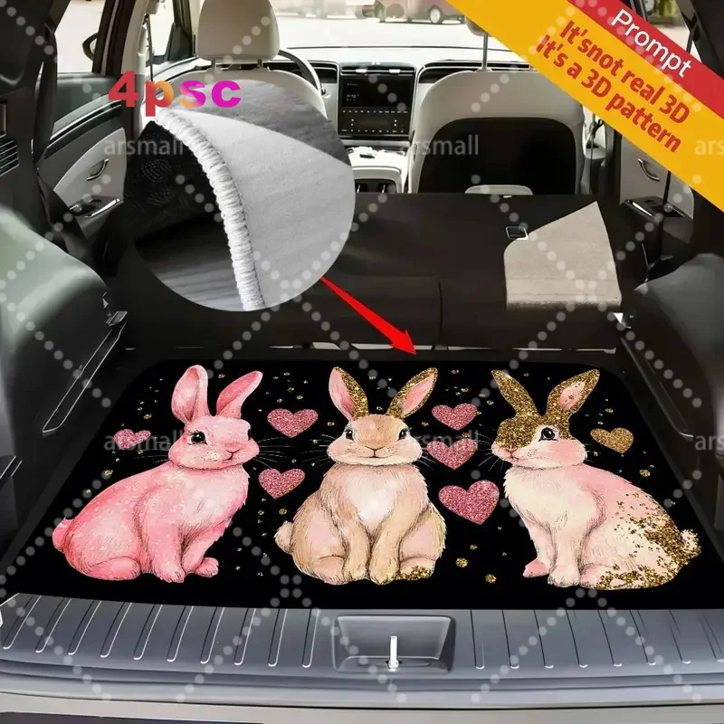 Car Trunk Mat With Cute Rabbits And Hearts - Adorable Black Trunk Liner For Stylish Interior Decor, Perfect For Holiday Travel A