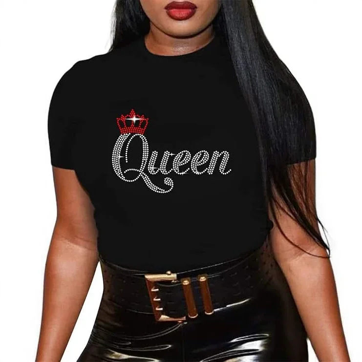 Women's Black T Shirt Queen Rhinestone Graphic Tee Short Sleeve Round Neck Bling Crown Print Casual Summer Top