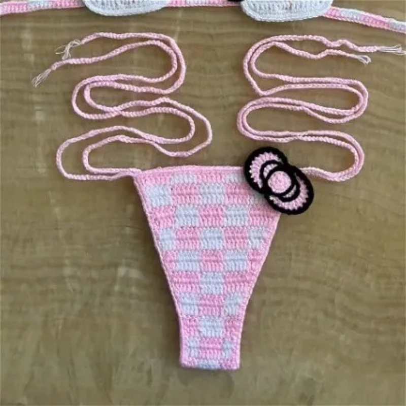 

Сексуальный купальник для женщин, комплект из 2 предметов: вязаное бикини, микро-бикини, тонкие бретельки, стринги, купальный костюм