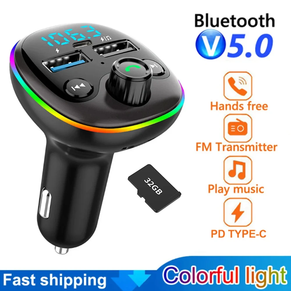 Samochodowy nadajnik FM Bluetooth PD Type-C Adapter samochodowy Podwójna szybka ładowarka USB Zestaw głośnomówiący Modulator radiowy Odtwarzacz MP3 Obsługa kart TF