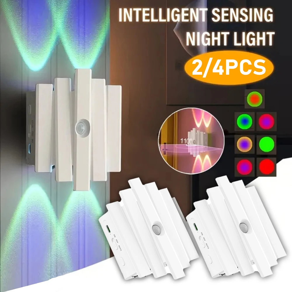 2/4 Stück Intelligentes Induktions-Sonnenuntergangslicht mit 7 Farben, dimmbares LED-Magnet-Nachtlicht, tragbares, abnehmbares Licht, USB-betriebene Vierkopf-RGB-Gradienten-Ambientebeleuchtung, für