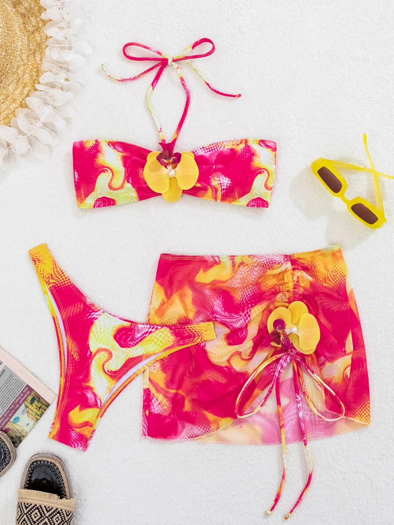 

sexy beads flower print bandeau halter tie bikinis sets 3pcs with drawstring mini skirt swimwear swimsuits beach outfits biquini