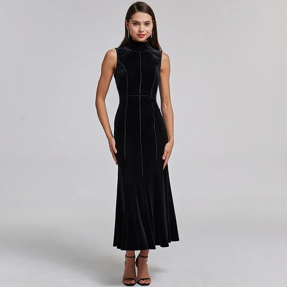 

Elegant Mermaid Black Velvet Customized Evening Dress High Collar Sleeveless Homecoming Dresses Zipper Back Celebrity Gowns