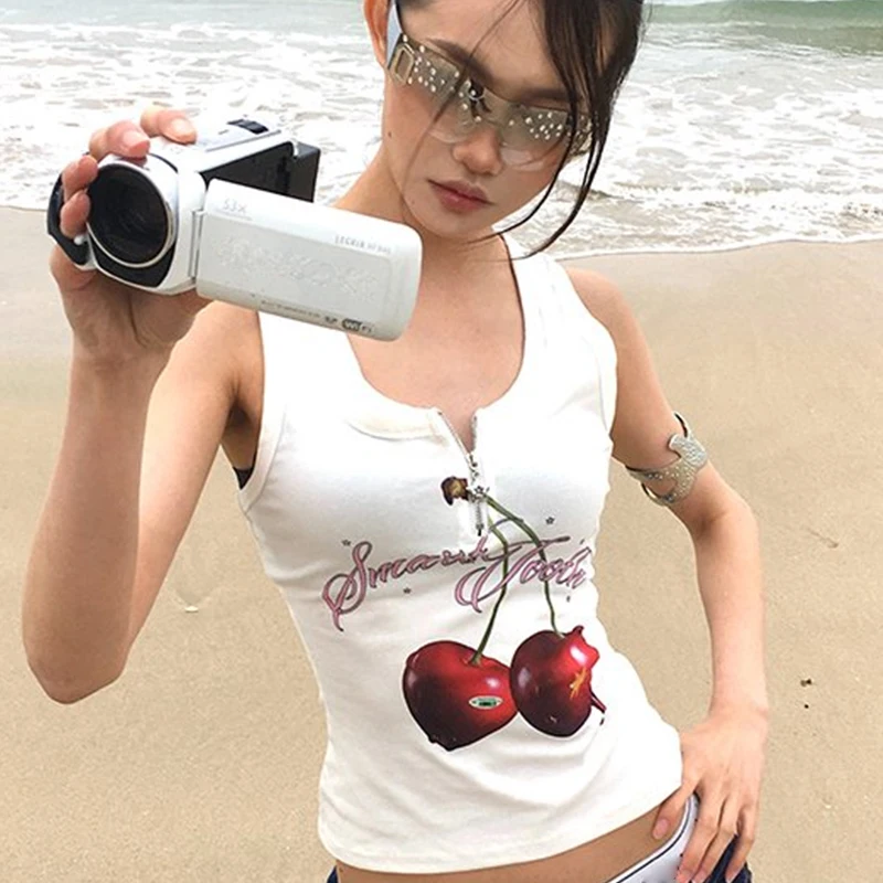 Haut Halter Femme Imprimé Cerises Style Américain Coupe Slim Sans Manches Tendance Été Fermeture Éclair Style Spicy Girl