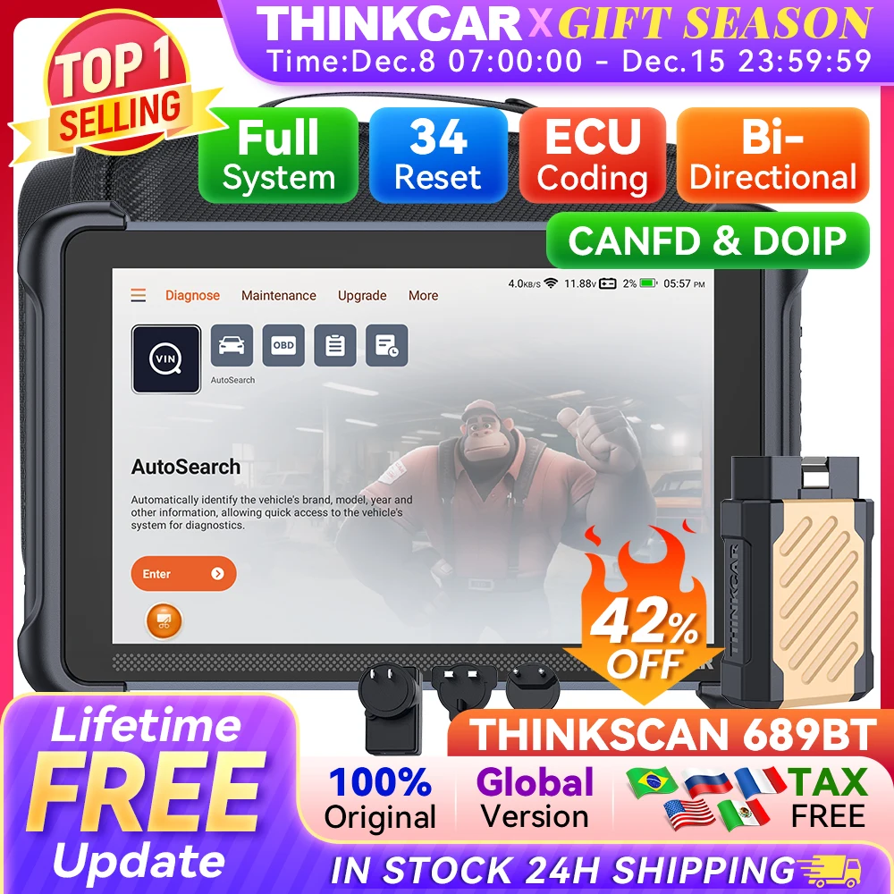 THINKCAR THINKSCAN 689BT Professional Car Diagnostic Tool CANFD DOIP Bi-directional ECU Coding 34 Reset Full System Obd2 Scanner