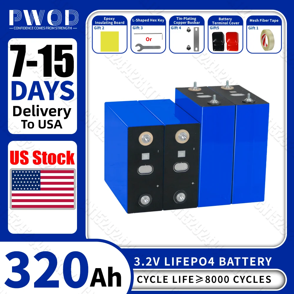 

3,2 В Lifepo4 Батарея 320 Ач США Stock 8000 циклов Аккумуляторные батареи DIY 12 В 24 В 48 В RV EV Лодка Гольф Тележка Яхта Ван Cell Pack
