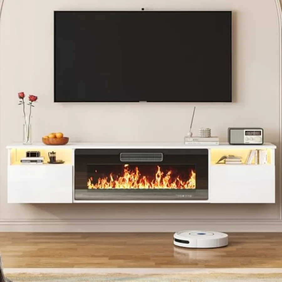 Soporte flotante para TV 70 con calentador de 36 chimeneas eléctrico, consola multimedia para centro de entretenimiento de alto brillo con luz ambiental LED para