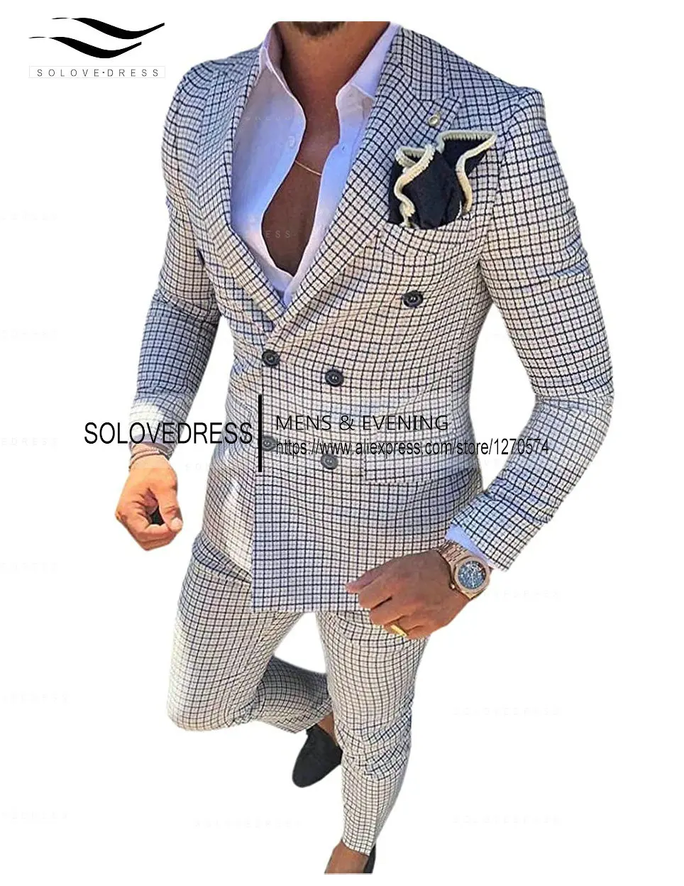 Silver Men\'s Wool Plaid Suits 2 pieces Fashion Notch Lapel Double breasted Prom Jacket Slim Fit Groomsmen Tuxedos (Blazer+Pants)