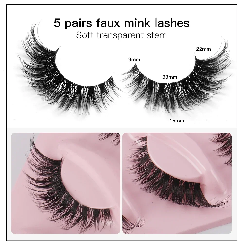 5 pairs Cat eye Eyelashes 3D Natural False Lashes Fluffy Soft Cross Clear Band Lashes Manga Lashes Wispy Eyelash Makeup