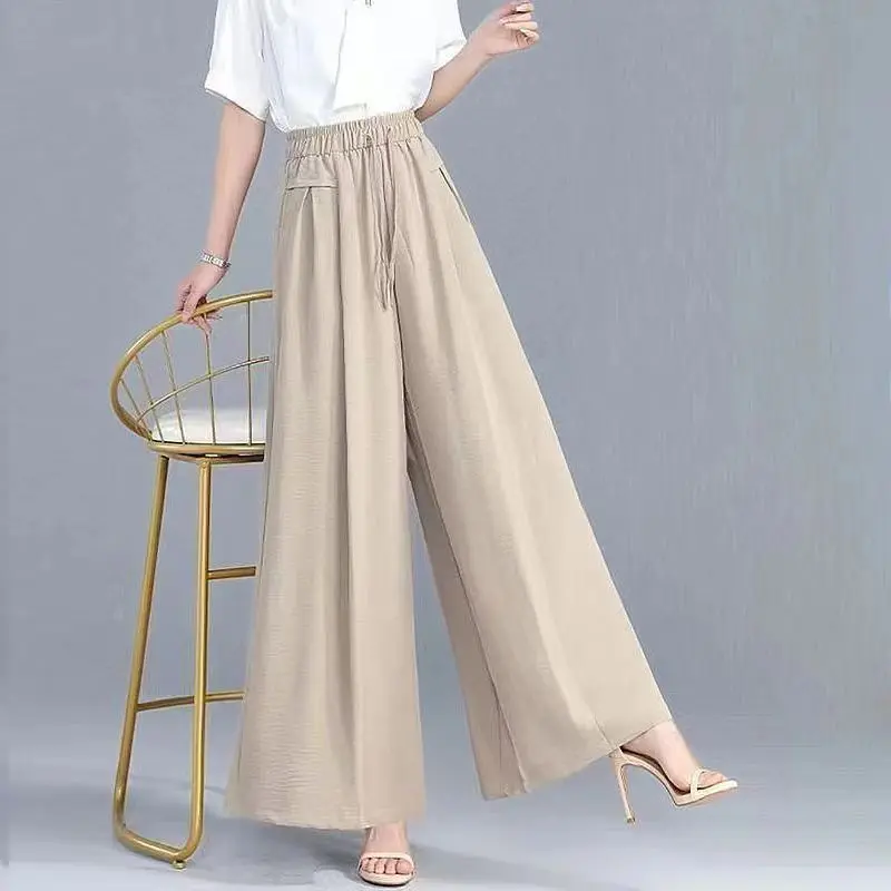 Summer Elastic Waist Solid Long Trousers 2024 Vintage Women Wide Leg Pants Casual Loose Oversiz Ice Shreds Straight Pants Female