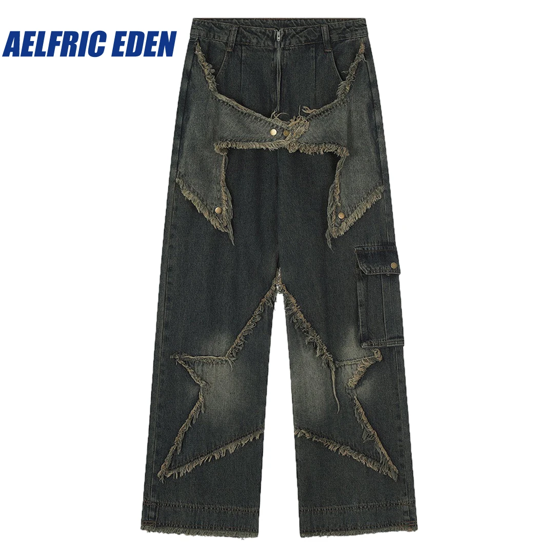 

Aelfric Eden Distressed Effect Patchwork Star Denim Jeans Y2K Men Vintage Punk Hiphop Denim Pants Streetwear Rock Harajuku Jean