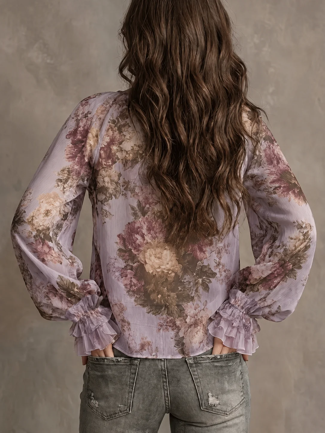 Damen Vintage Blumenmuster V-Ausschnitt Bluse mit Glockenärmeln Chiffon-Top Elegante Retro-Mode – Detail 13