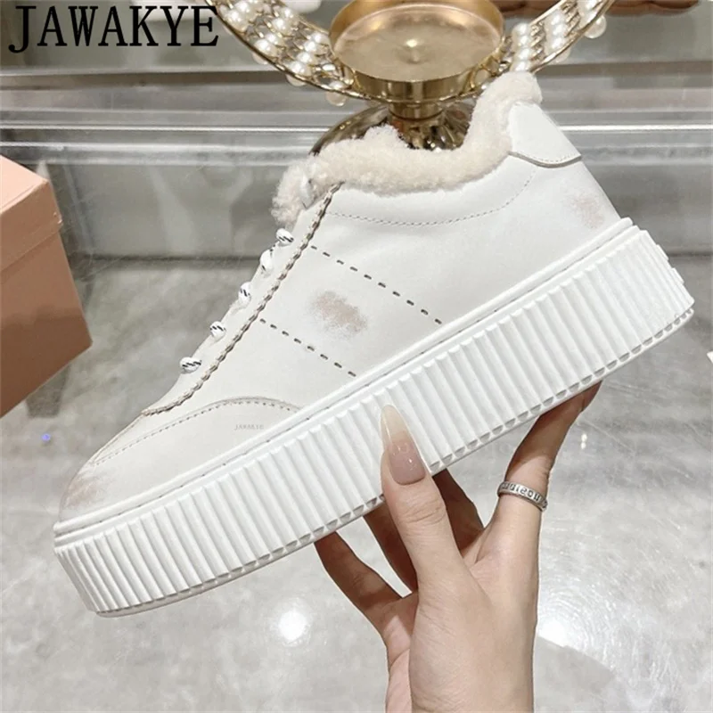 Old Designer Thick Bottom Lace Up Causal Flat Shoes Women Wool lining Fashion Sneakers Shoes Winter Warm Trainers Shoes Woman